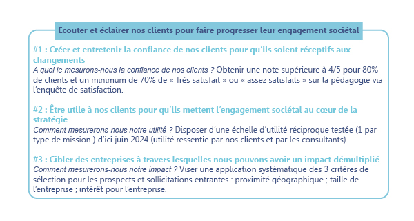 Ecouter et éclairer nos clients pour faire progresser leur engagement sociétal