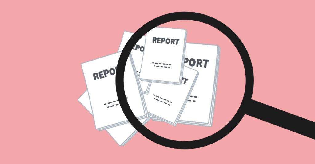 illustration d'une loupe qui étudie des rapports de mission, représente la réalisation d'un benchmark d'objectifs statutaires